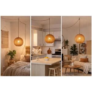 Boho Rattan 12 inch round Plug-In  Light| 15ft Cord